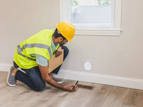 A worker checking a floor air vent in a bright room