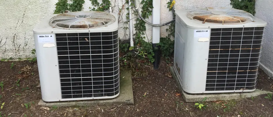 Two older outdoor AC units side by side against a house wall